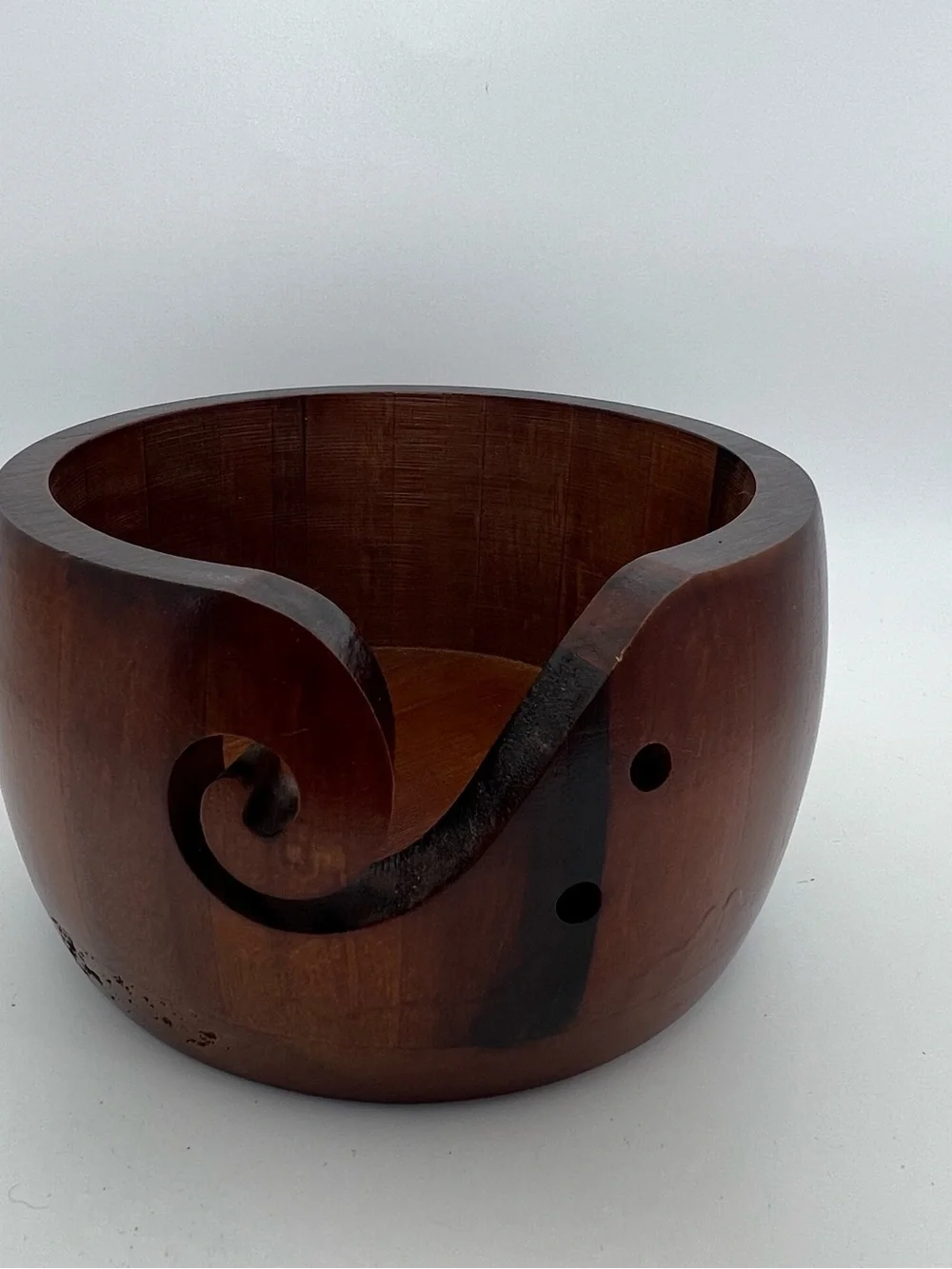 Handcrafted Brown Wooden Yarn Bowl with Carved Swirl